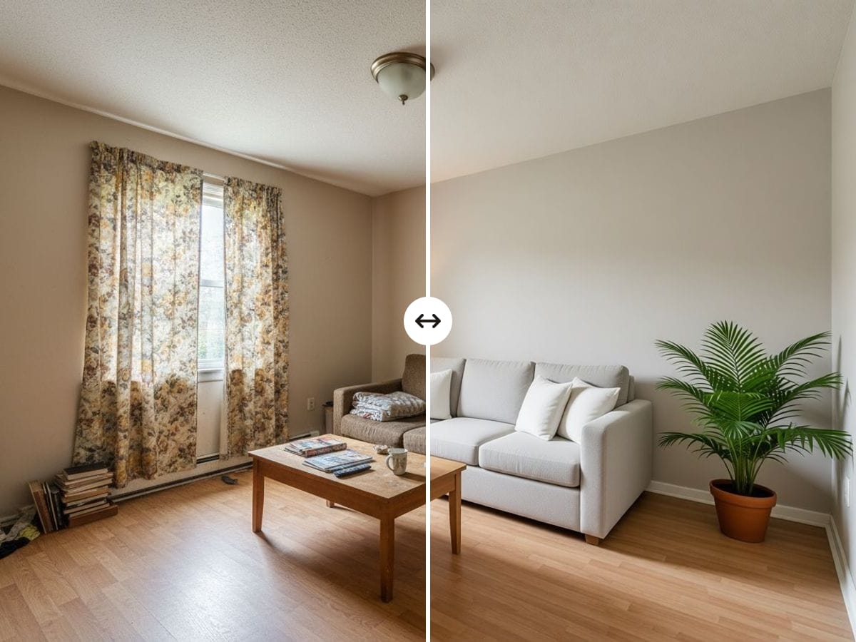 A living room photo, half original and half redesigned in Scandinavian style